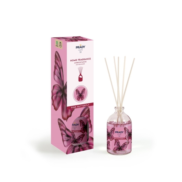 Prady Ambientador Mikado Pink Butterfly - Frasco de Cristal 100 ml y Varitas Difusoras