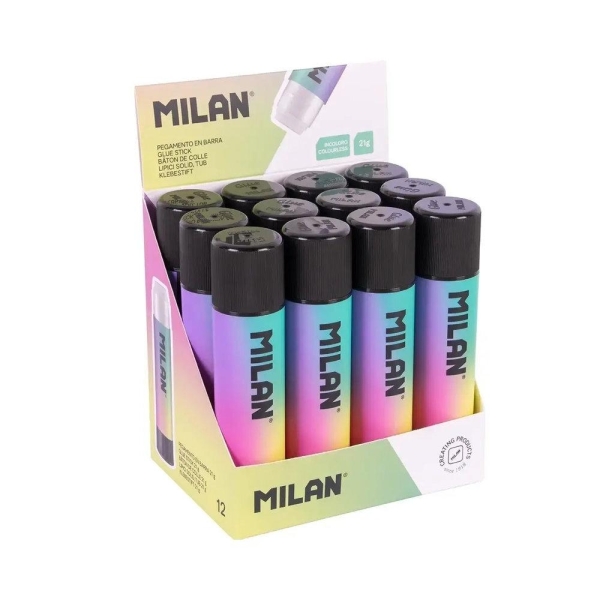 Milan Sunset Expositor con 12 Barras de Pegamento 21g - Multiusos - Multisuperficies - Sin Disolventes - Uso Escolar - Color Blanco