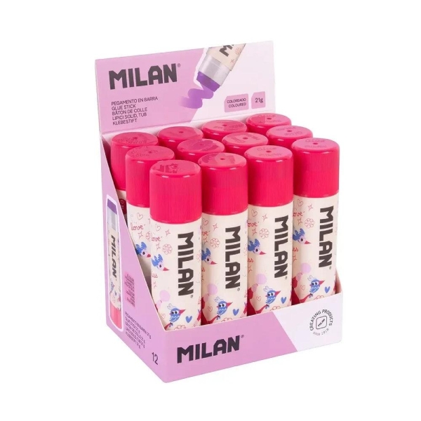 Milan Flowicorn Expositor con 12 Barras de Pegamento 21g - Multiusos - Multisuperficies - Sin Disolventes - Uso Escolar - Color Violeta