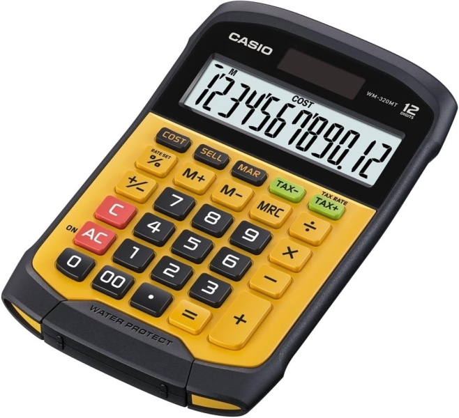 Casio WM-320T Calculadora de Sobremesa de 12 Digitos - Teclado Desprendible y Lavable IP54 - Pantalla Grande - Simbolos de Comando de Funcion - Alimentacion Solar y Pilas - Color Amarillo/Negro