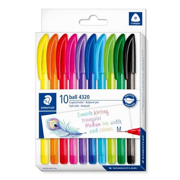 Staedtler Ball 4320 M Pack con 10 Boligrafos Punta de Bola 1mm - Escritura Suave - Cuerpo Triangular - Colores Surtidos
