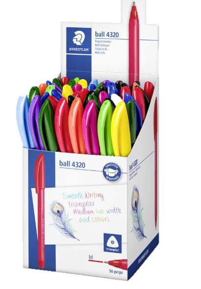 Staedtler Ball 4320 M Expositor con 50 Boligrafos Punta de Bola 1mm - Escritura Suave - Cuerpo Triangular - Colores Surtidos