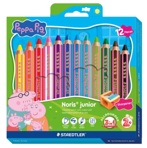 Staedtler Noris Junior Peppa Pig Pack de 12 Lapices de Colores Extragruesos + Sacapuntas - 3 en 1, Lapiz, Cera y Acuarelable - Colores Surtidos
