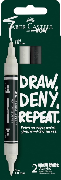 Faber-Castell Multimark Acrylic Pack con 2 Rotuladores Acrilicos Doble Punta - Puntas Redondas de 1mm y 3mm - Tinta Acrilica a Base de Agua - Colores Blanco y Negro