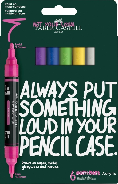 Faber-Castell Multimark Acrylic Pack con 6 Rotuladores Acrilicos Doble Punta - Puntas Redondas de 1mm y 3mm - Tinta Acrilica a Base de Agua - Colores Vibrantes Surtidos