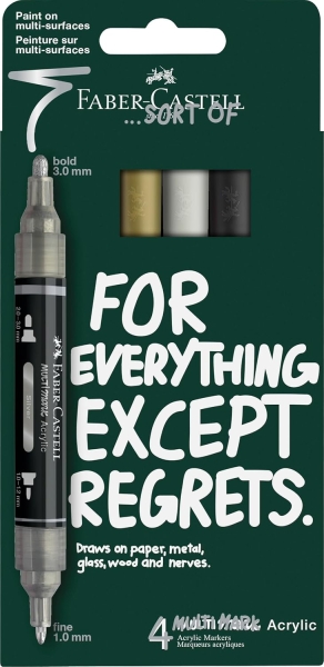 Faber-Castell Multimark Acrylic Mirror Pack con 4 Rotuladores Acrilicos Doble Punta Efecto Espejo - Puntas Redondas de 1mm y 3mm - Tinta Acrilica a Base de Agua - Colores Surtidos