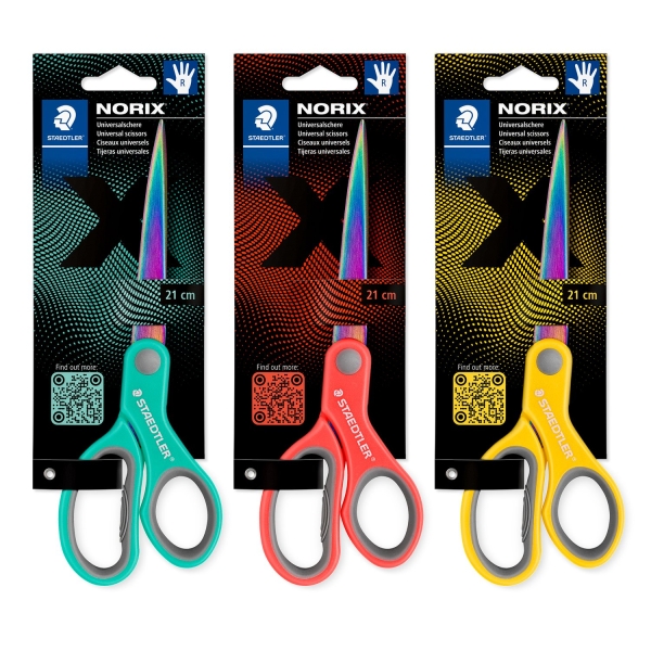 Staedtler Norix 965 Tijeras Escolares 21cm - Hojas de Acero Inoxidable con Apariencia de Titanio - Uso Diestro - Agarre Ergonomico - Colores Surtidos