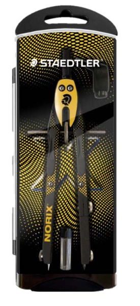 Staedtler Norix 555 Compas Metalico Escolar de Precision - Mecanismo Pulsador y Ajuste por Rueda Central - Color Amarillo/Negro