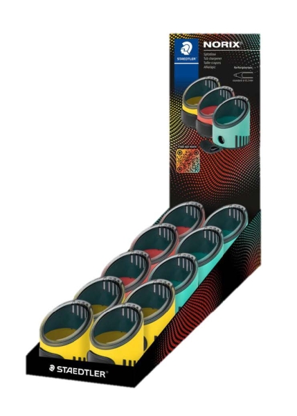 Staedtler Norix Expositor de 10 Sacapuntas con Deposito - 1 Agujero para Lapices de hasta Ø 8,2mm - Colores Surtidos