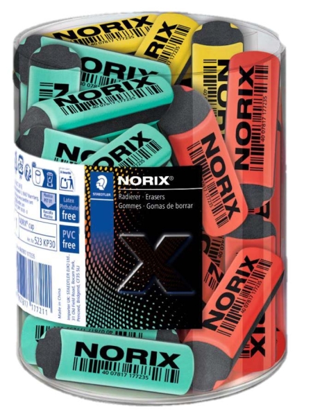 Staedtler Norix Expositor con 30 Gomas de Borrar - Sin PVC, Ftalatos ni Latex - Minimo Residuo - Colores Surtidos