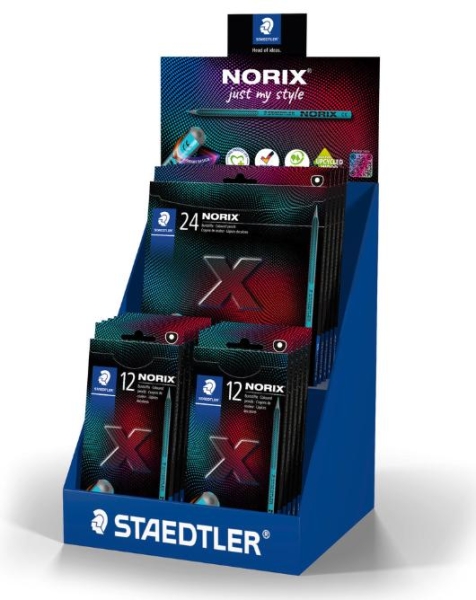 Staedtler Norix 186 Expositor con 20 Packs de 12 Lapices de Colores HB + 5 Packs de 24 Lapices de Colores HB - Madera Negra - Mina de Grafito - Diseño Inteligente - Para Escribir, Dibujar y hacer Bocetos