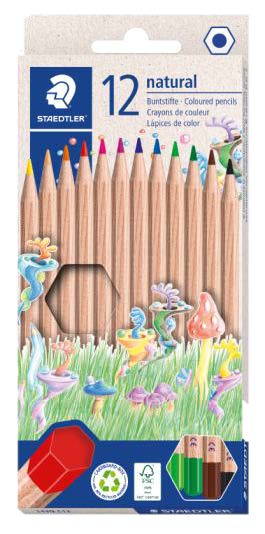 Staedtler Noris Natural Pack con 12 Lapices de Colores Hexagonales - Madera Certificada FSC - Cuerpo de Color Madera Natural