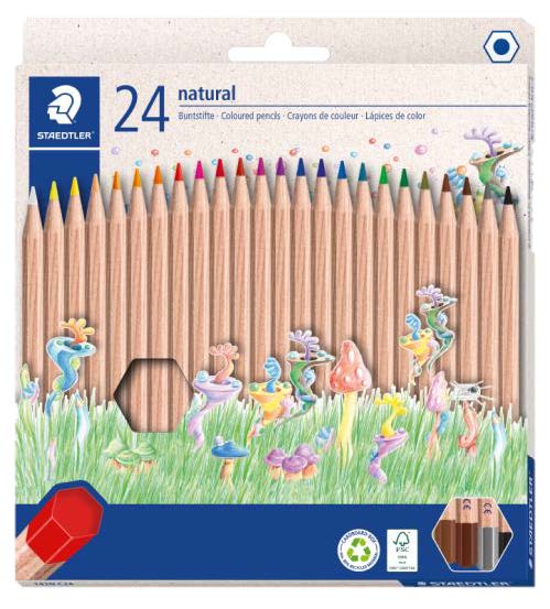 Staedtler Noris Natural Pack con 24 Lapices de Colores Hexagonales - Madera Certificada FSC - Cuerpo de Color Madera Natural