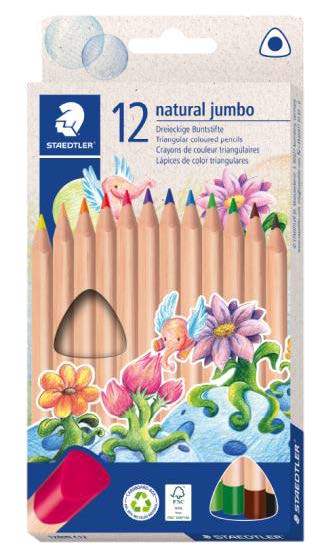 Staedtler Noris Natural Jumbo Pack con 12 Lapices de Colores Triangulares - Mina de 4mm - Madera Certificada FSC - Cuerpo de Color Madera Natural