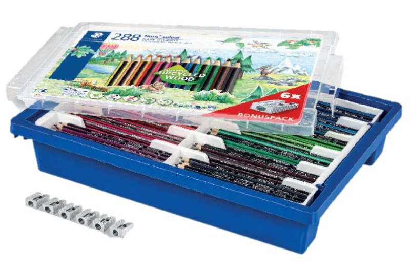 Staedtler Noris Colour 185 Contenedor de Plastico Rigido con 288 Lapices Hexagonales de Colores  + 6 Sacapuntas de Regalo - Resistencia a la Rotura - Ideal para Colegios - Colores Surtidos