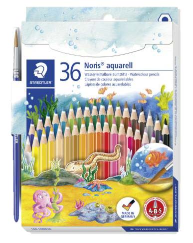 Staedtler Noris Aquarell Pack de 36 Lapices Hexagonales de Colores + Pincel - Refuerzo de Mina para Mayor Resistencia a la Rotura - Madera de Bosques Sostenibles - Colores Surtidos