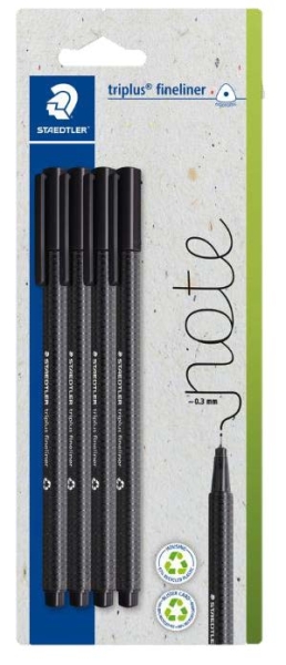 Staedtler Triplus Fineliner 334 Pack de 4 Rotuladores de Punta Fina - Trazo de 0.3mm aprox. - Tinta Antisecado a Base de Agua - Carcasa Fabricada en un 97% de Plastico Reciclado - Color Negro