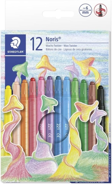 Staedtler Noris 221 Pack de 12 Ceras Giratorias - Diametro 6mm - Resistencia a la Rotura - Colorantes Alimenticios - Colores Surtidos