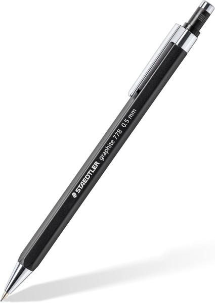 Staedtler Graphite 778 Portaminas 0.5mm - Cuerpo Hexagonal Negro Mate - Punta Metalica Retractil - Mina Amortiguada - Clip Metalico - Goma de Borrar