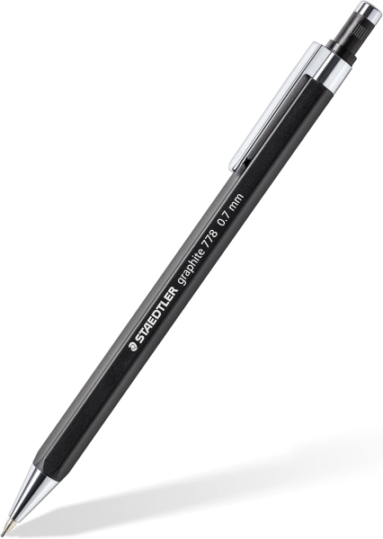 Staedtler Graphite 778 Portaminas 0.7mm - Cuerpo Hexagonal Negro Mate - Punta Metalica Retractil - Mina Amortiguada - Clip Metalico - Goma de Borrar