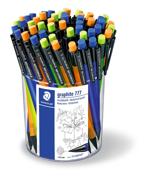 Staedtler Graphite 777 Expositor con 50 Portaminas 0.5mm - Cuerpo Engomado - Goma de Borrar - Colores Surtidos