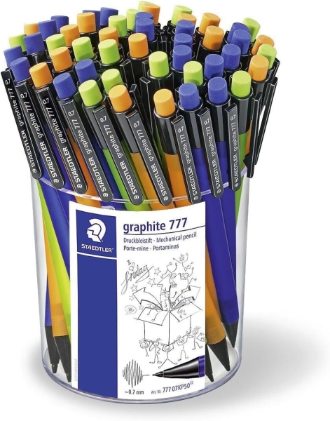 Staedtler Graphite 777 Expositor con 50 Portaminas 0.7mm - Cuerpo Engomado - Goma de Borrar - Colores Surtidos