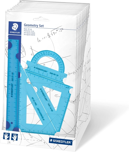 Staedtler Expositor con 18 Packs de Reglas - El Pack incluye Regla Recta 20cm, Transportador, Escuadra 60/30 Grados y Cartabon 45 Grados - Colores Neon Surtidos