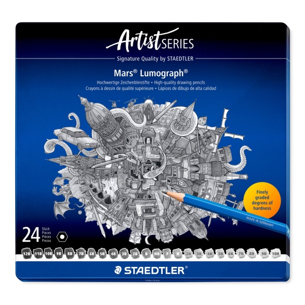 Staedtler Mars Lumograph 100 Caja Metalica con 24 Lapices de Grafito de Graduaciones Surtidas - Alta Resistencia a la Rotura - Madera de Bosques Certificados