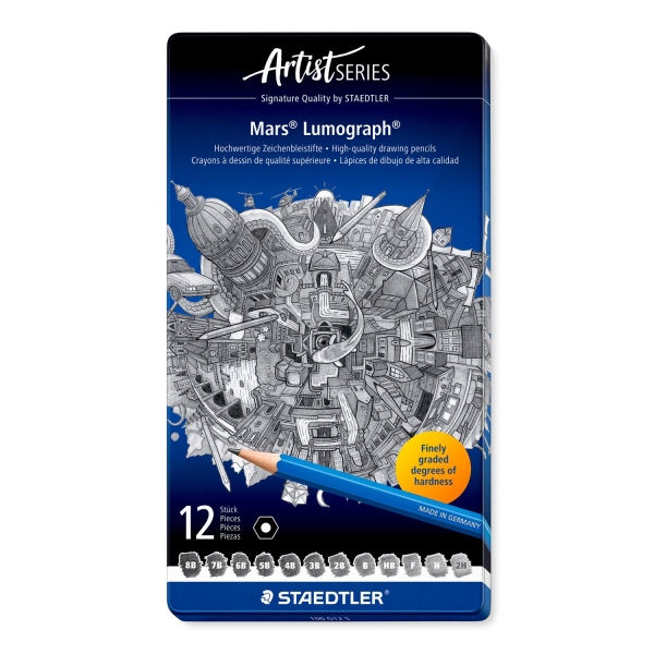 Staedtler Mars Lumograph 100 Caja Metalica con 12 Lapices de Grafito de Graduaciones 8B, 7B, 6B, 5B, 4B, 3B, 2B, B, HB, F, H, 2H - Alta Resistencia a la Rotura - Madera de Bosques Certificados