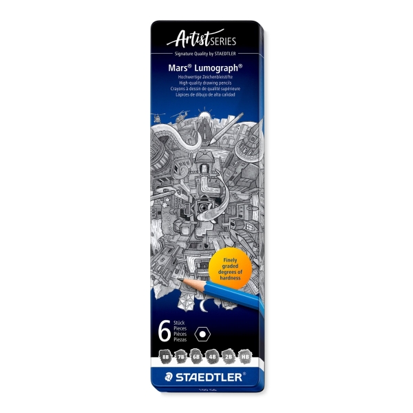 Staedtler Mars Lumograph 100 Caja Metalica con 6 Lapices de Grafito de Graduaciones 8B, 7B, 6B, 4B, 2B, HB - Alta Resistencia a la Rotura - Madera de Bosques Certificados