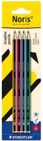 Staedtler Noris 120 Pack con 4 Lapices de Grafitito Hexagonales HB - Resistencia a la Rotura - Madera de Bosques Sostenibles - Colores del Cuerpo Surtidos