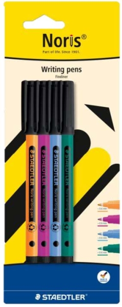 Staedtler 307 Noris Writing Pen Pack con 4 Rotuladores de Punta Fina - Trazo 0.6mm Aprox - Tinta Base de Agua - Cuerpo Fabricado en un 97% de Plastico Reciclado - Colores Surtidos