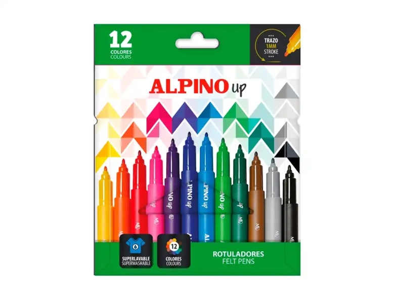 Alpino Up Pack con 12 Rotuladores de Colores - Punta 1mm - Para Trazos Finos y Detallados - Tinta a Base de Agua - Colores Surtidos