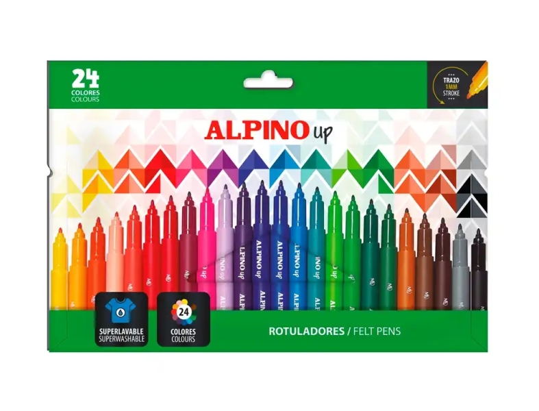 Alpino Up Pack con 24 Rotuladores de Colores - Punta 1mm - Para Trazos Finos y Detallados - Tinta a Base de Agua - Colores Surtidos