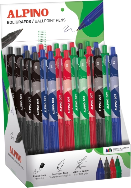 Alpino Dot Expositor con 24 Boligrafos Retractiles - Punta 1mm - Agarre Suave - Colores Surtidos