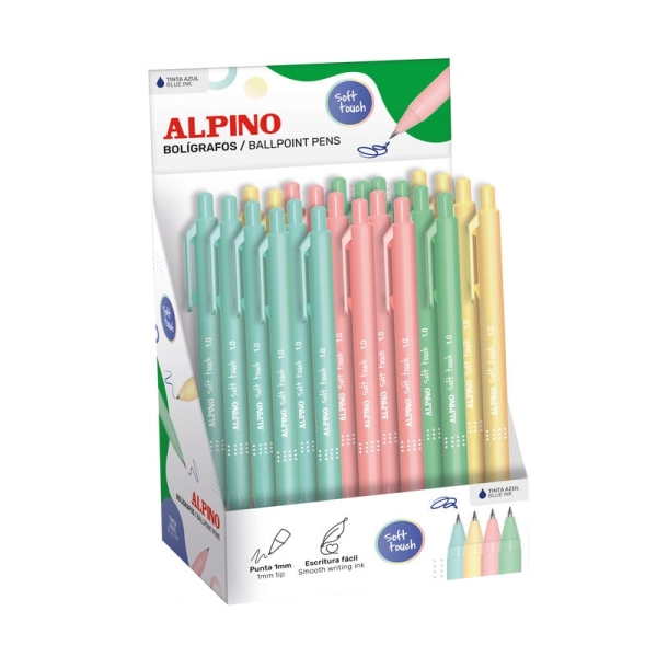 Alpino Soft Touch Pastel Expositor con 24 Boligrafos Retractiles - Punta 1mm - Tacto Suave - Tinta Azul - Colores Pastel Surtidos