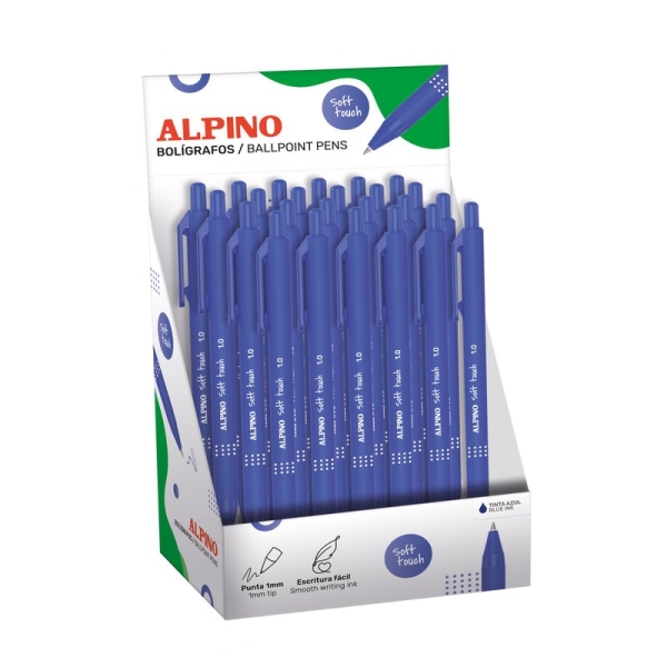 Alpino Soft Touch Expositor con 24 Boligrafos Retractiles - Punta 1mm - Tacto Suave - Tinta Azul - Color Azul