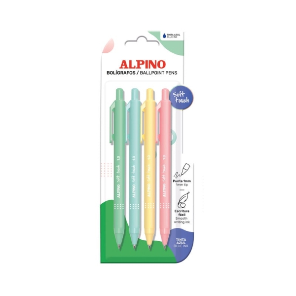 Alpino Soft Touch Pastel Pack con 4 Boligrafos Retractiles - Punta 1mm - Tacto Suave - Tinta Azul - Colores Pastel Surtidos