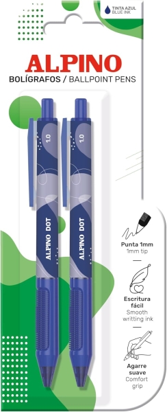 Alpino Dot Pack con 2 Boligrafos Retractiles - Punta 1mm - Agarre Suave - Tinta Azul - Color Azul