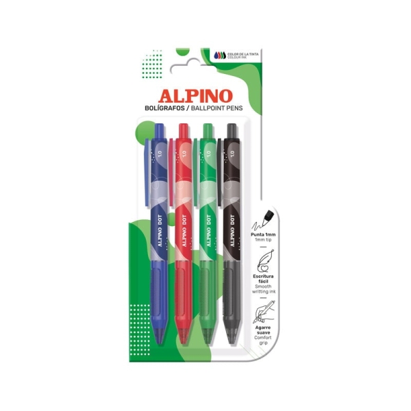 Alpino Dot Pack con 4 Boligrafos Retractiles - Punta 1mm - Agarre Suave - Colores Surtidos