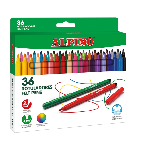 Alpino Pack con 36 Rotuladores de Colores - Punta de 3mm - Superlavables y Brillantes - Uso Escolar - Desarrolla la Creatividad - Colores Surtidos