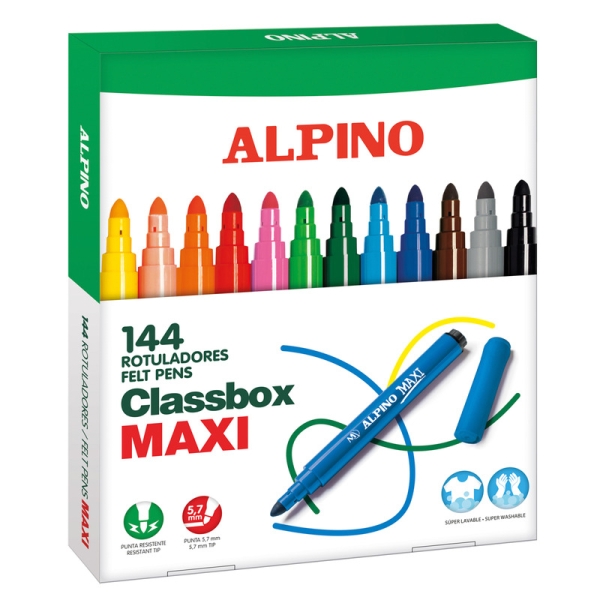Alpino Maxi Pack Economy de 144 Rotuladores Gruesos - Punta de 6mm - Superlavables, Resistentes, Duraderos y de Colores Brillantes - Ideal para Uso Escolar - Colores Surtidos