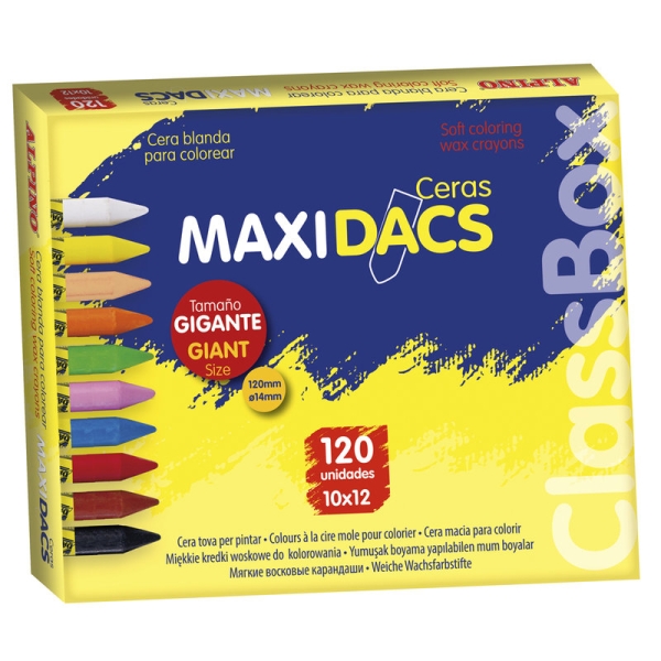 Alpino Maxidacs Economy Pack con 120 Ceras Blandas para Niños - Tamaño Extra Grande 120mm x 14mm - Etiqueta Anti-Manchas - Ideal para Grandes Artistas - Colores Surtidos