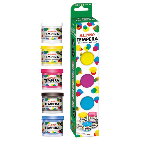 Alpino Pack con 5 Botes de Tempera 40ml + Pincel - Supercubriente y Lavable - Colores Surtidos