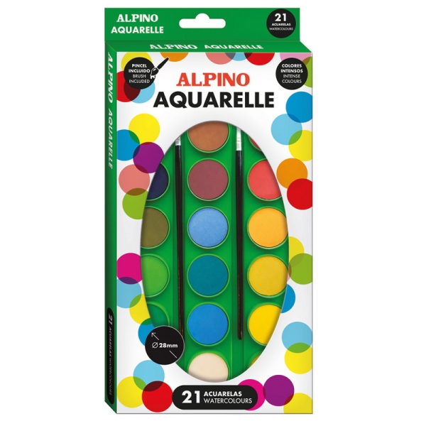 Alpino Pack de 21 Acuarelas + 2 Pinceles - 28mm de Diametro - Colores Surtidos