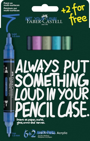 Faber-Castell Multimark Acrylic Tonos Frios Pack con 8 Rotuladores Acrilicos Doble Punta - Puntas Redondas de 1mm y 3mm - Tinta Acrilica a Base de Agua - Colores Tonos Frios Surtidos