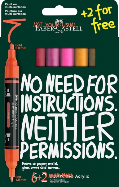 Faber-Castell Multimark Acrylic Tonos Calidos Pack con 8 Rotuladores Acrilicos Doble Punta - Puntas Redondas de 1mm y 3mm - Tinta Acrilica a Base de Agua - Colores Tonos Calidos Surtidos