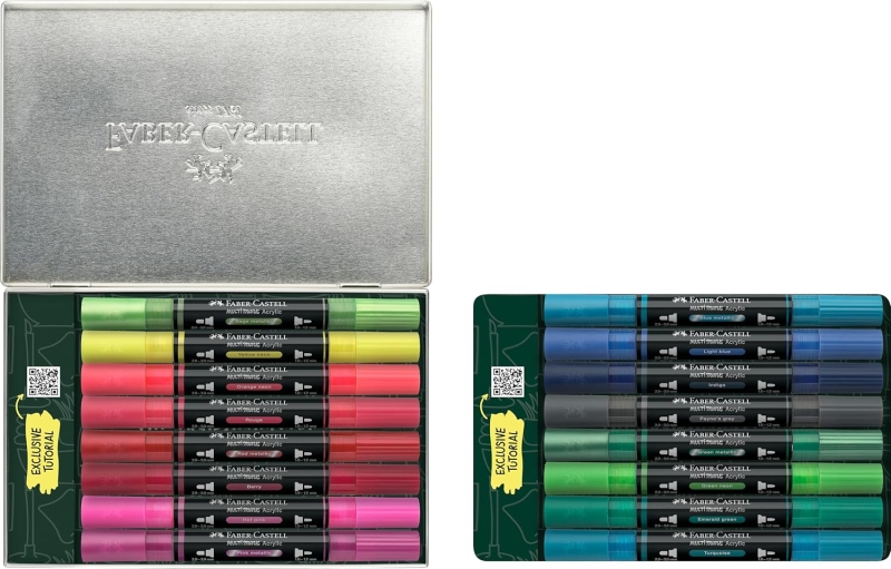 Faber-Castell Multimark Acrylic Style It: Kicks Pack con 16 Rotuladores Acrilicos Doble Punta - Puntas Redondas de 1mm y 3mm - Tinta Acrilica a Base de Agua - Colores Surtidos