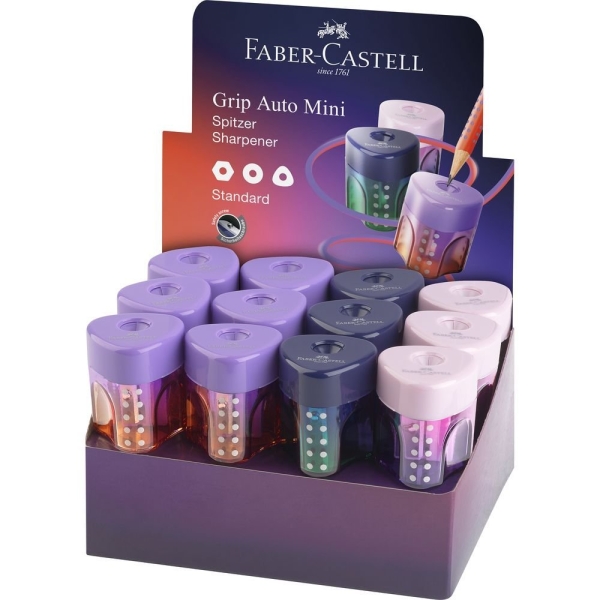 Faber-Castell Grip Mini Flow Edition Expositor con 24 Sacapuntas de 1 Orificio - Para Tamaño Estandar - Diseño Atractivo con Degradado de Color - Colores Surtidos