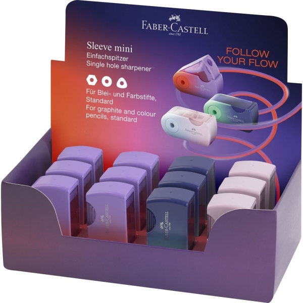 Faber-Castell Sleeve Mini Flow Edition Expositor con 12 Sacapuntas de 1 Orificio - Para Tamaño Estandar - Diseño Atractivo con Degradado de Color - Colores Surtidos